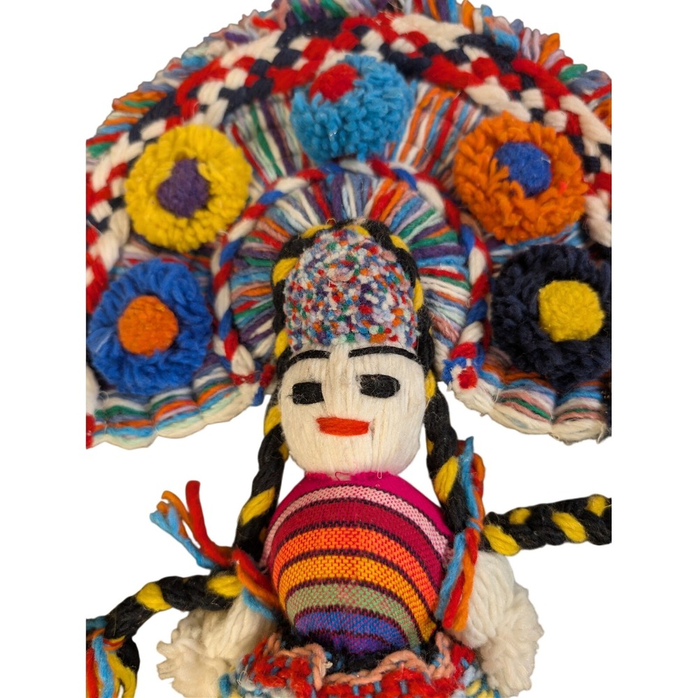 Handmade Mexican Folk Art Yarn Doll Colorful Headdress Textile Wall Hanging